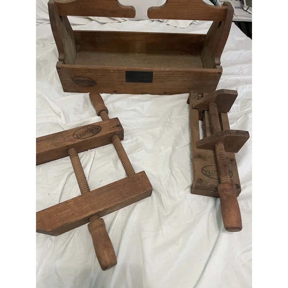 Vintage Wood Clamp, Sears Craftsman Lot Of 2 With Wooden Tool Carrier